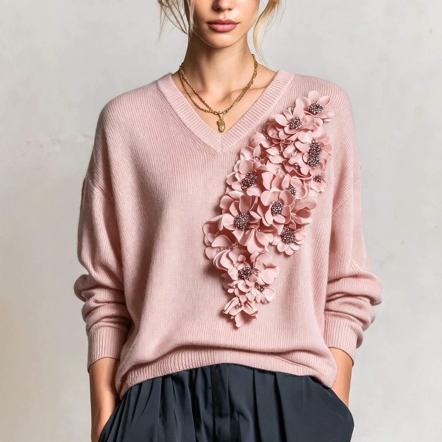 3D Floral V-Neck Knit Sweater