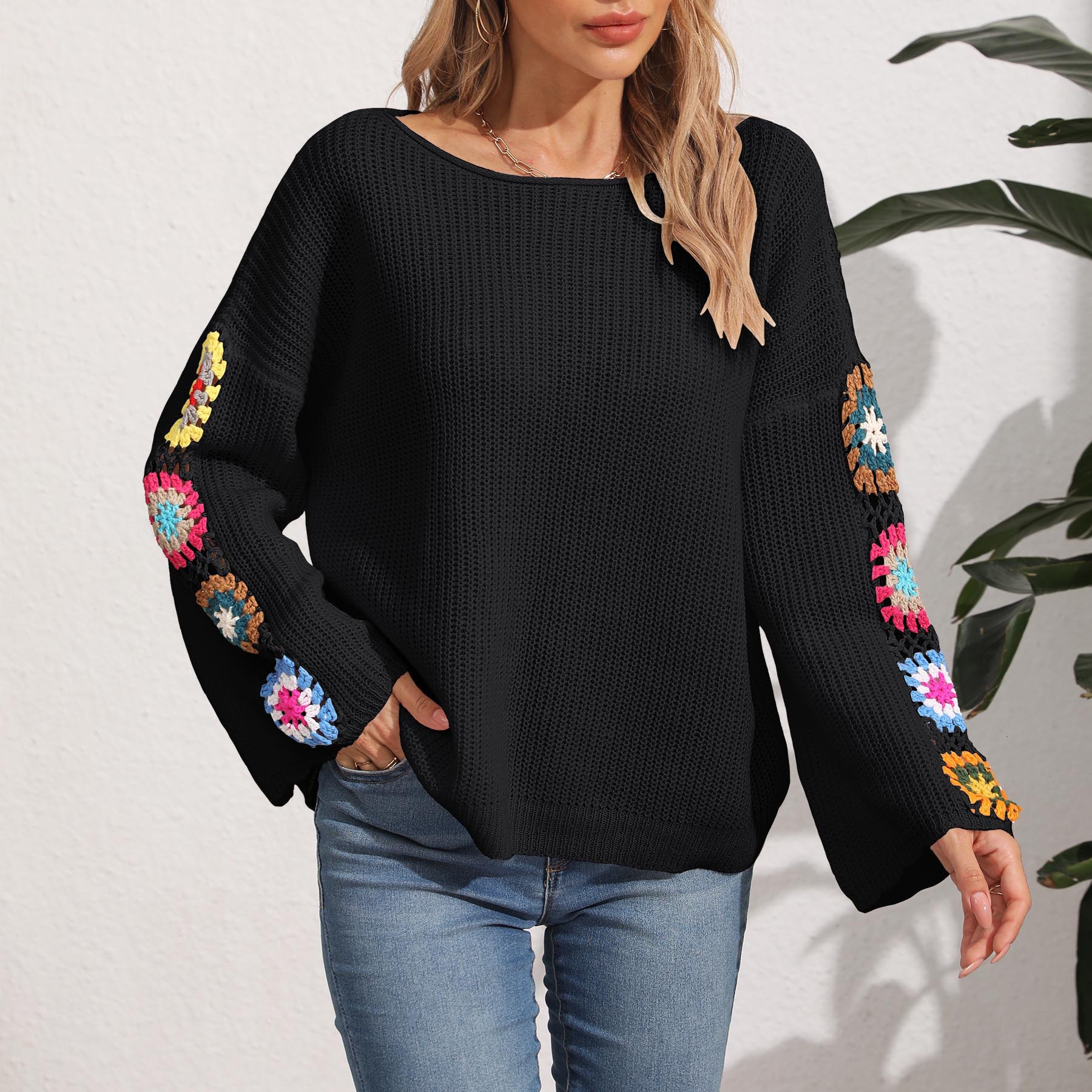 Women's Off-Shoulder Crochet Pullover Sweater Loose Fit