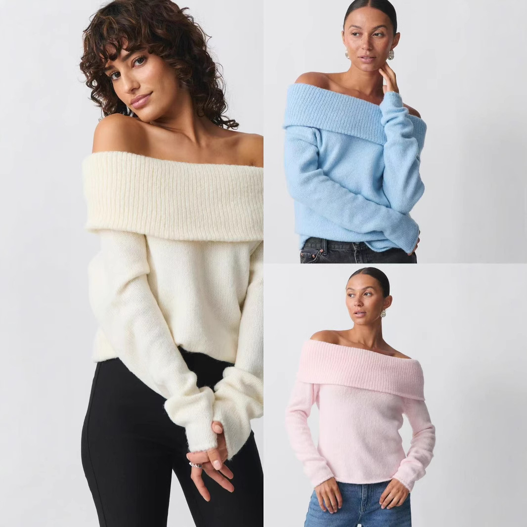 Women's Off-Shoulder Lapel Knit Top Slim Fit Sweet Pullover