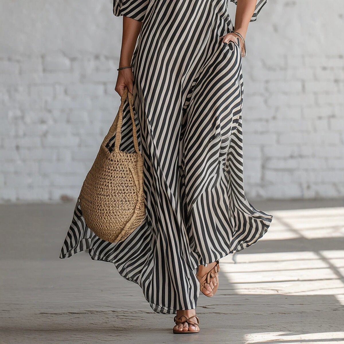 V-Neck Waist-Defining Ruffle A-Line Midi Dress