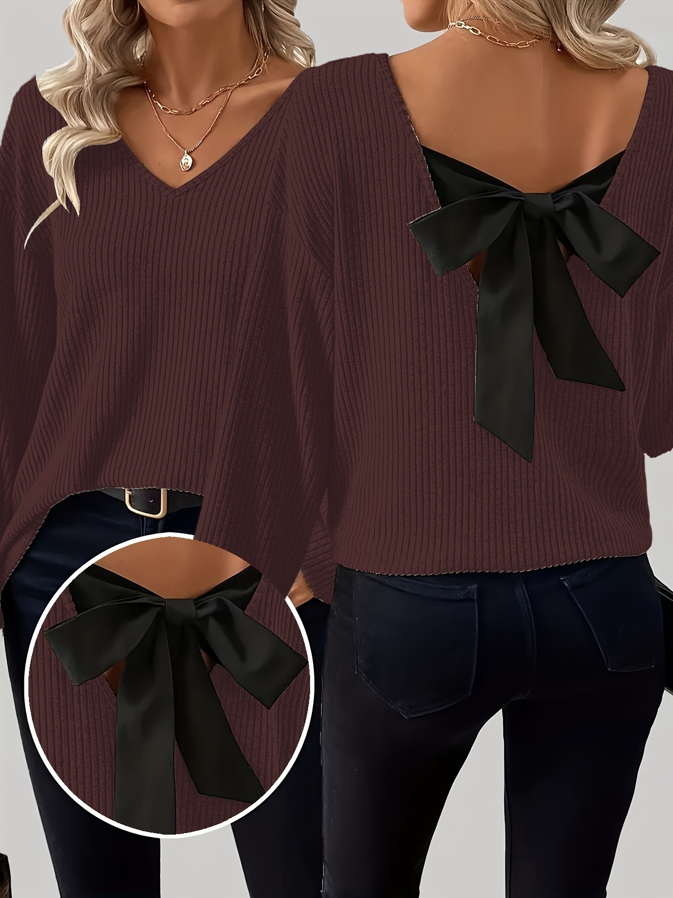 V-Neck Bow Pullover Sweater