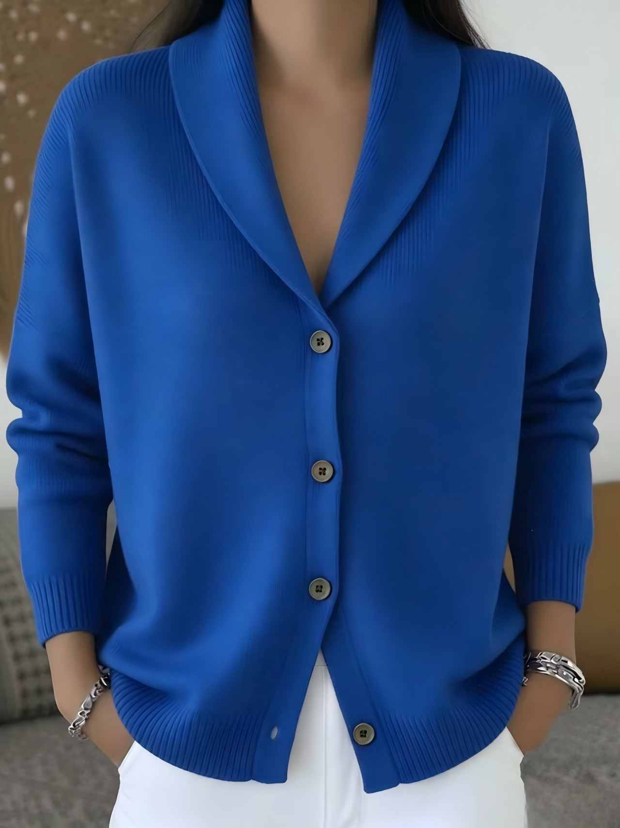 Button-Front Knit Cardigan Sweater with Collar, Solid Color, Casual