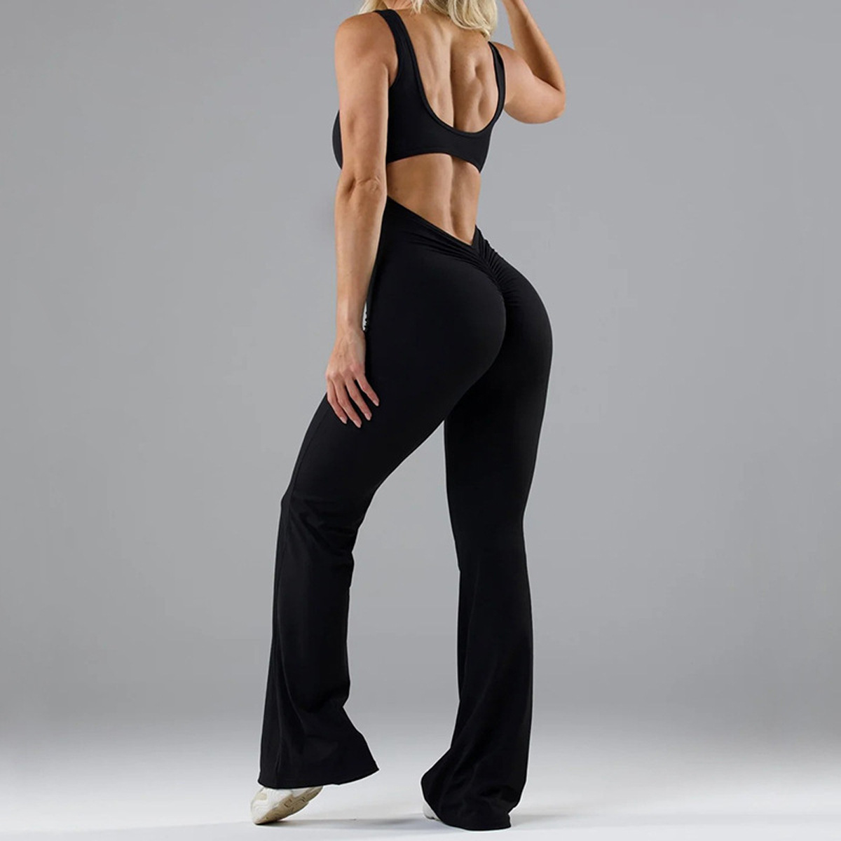 Fitted Sleeveless Yoga Bodysuit with Built-in Bra Pads Seamless Slimming Flared Jumpsuit