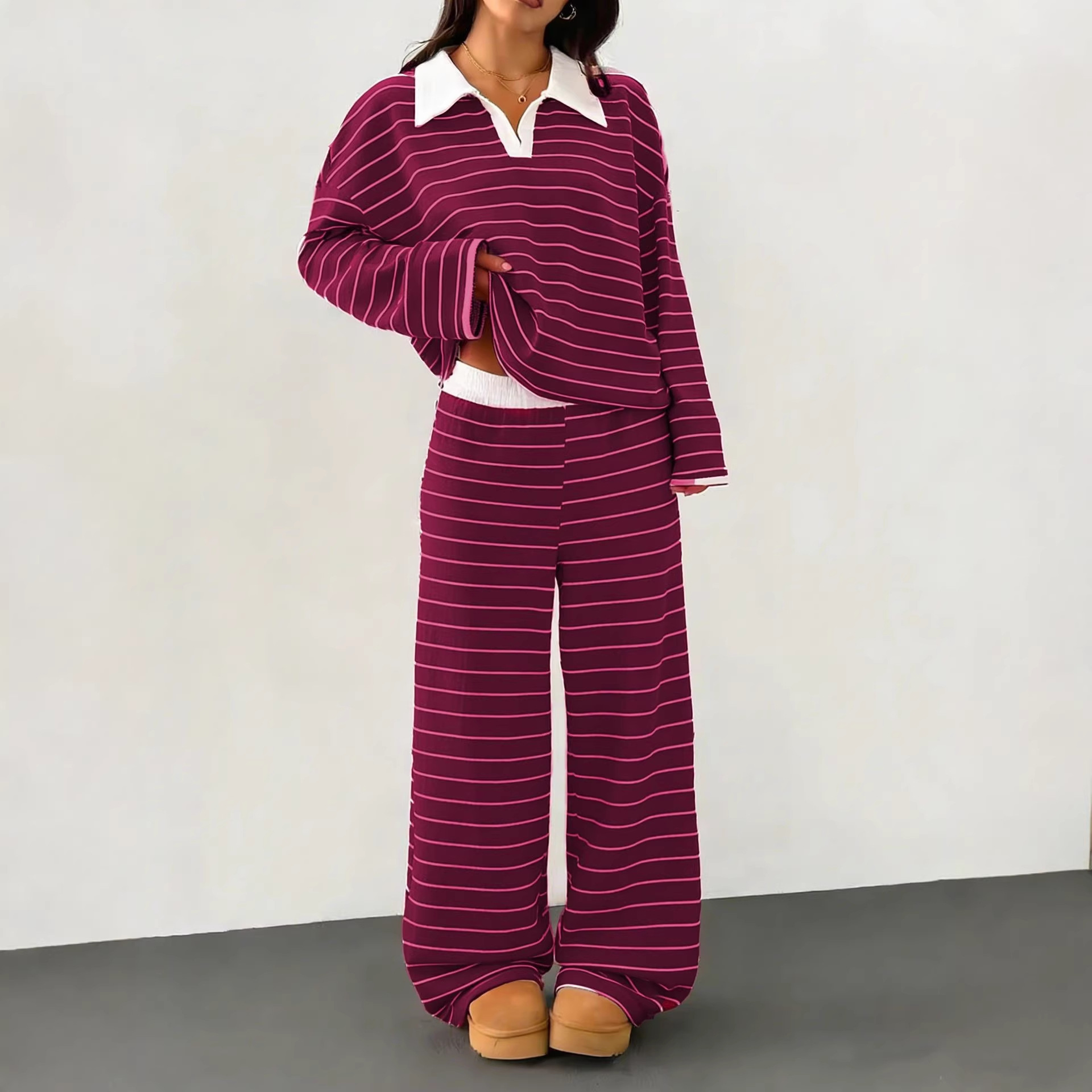 Striped Colorblock Two-Piece Set with Collared Top and Elastic Waist Pants