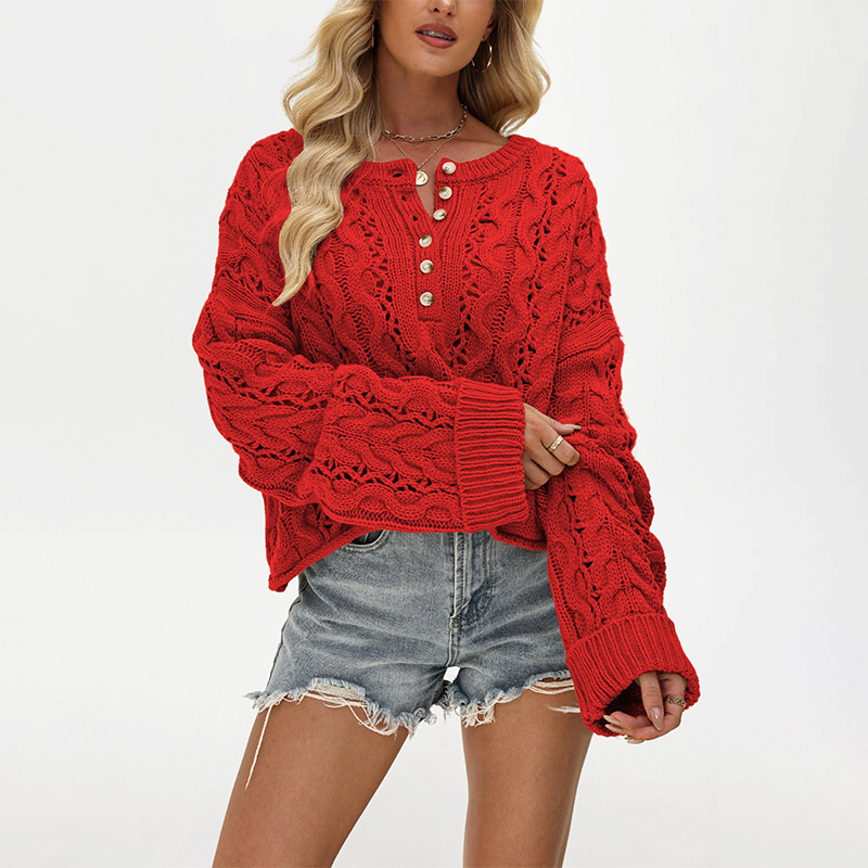 Button-Front Cable-Knit Sweater Loose Fit Solid Crew Neck Short Cardigan