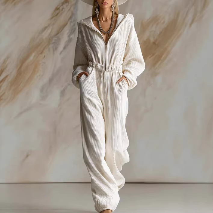 White Corduroy Hooded Zip Long Sleeve Jumpsuit