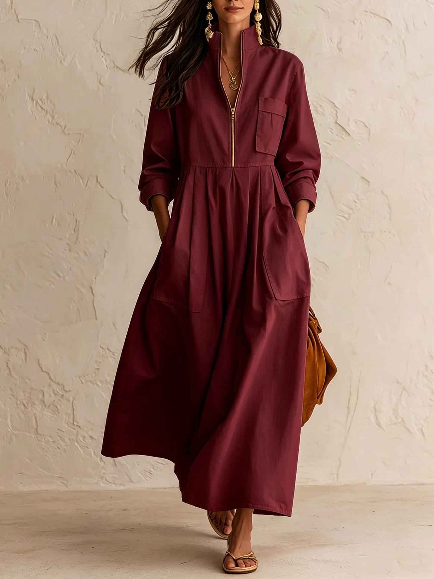 Gold Half-Zip Stand Collar Dress with Pockets Loose Pleated Maxi Long Sleeve