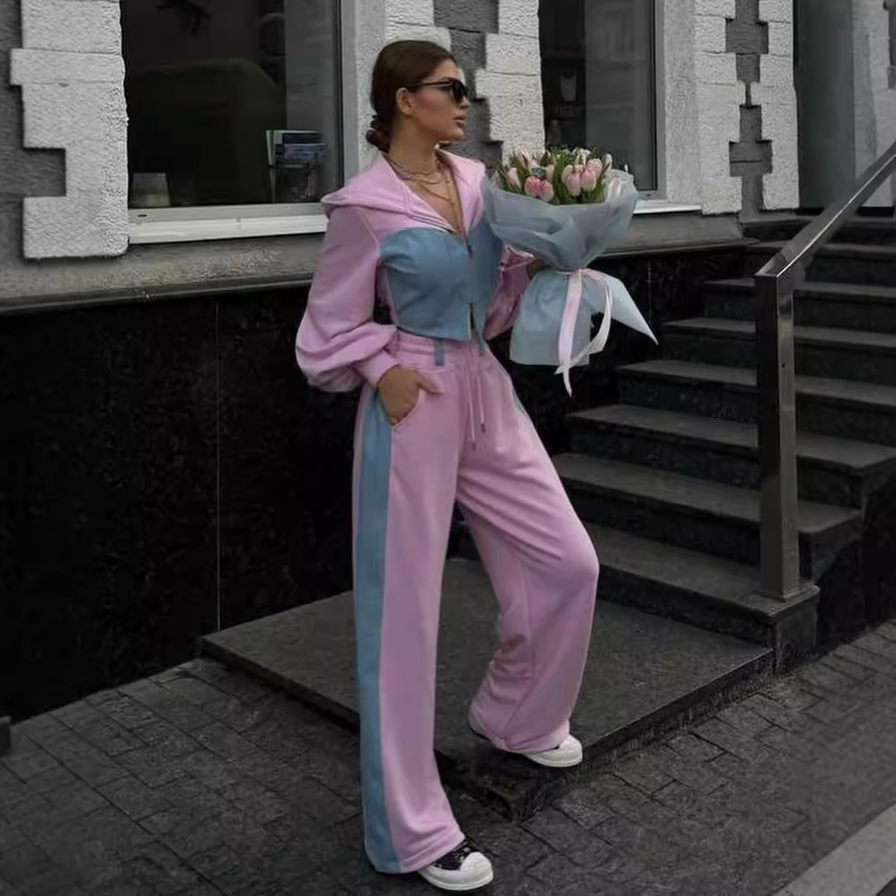 Women's Denim Patchwork Hoodie and Pants Two-Piece Set