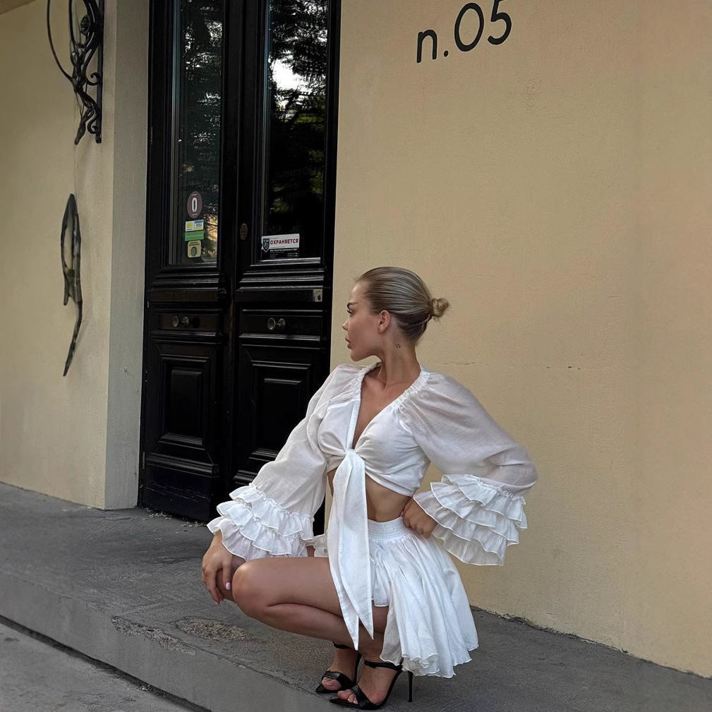 Sexy V-Neck Puff Sleeve Tie-Front Top and Pleated Mini Skirt Two-Piece Set