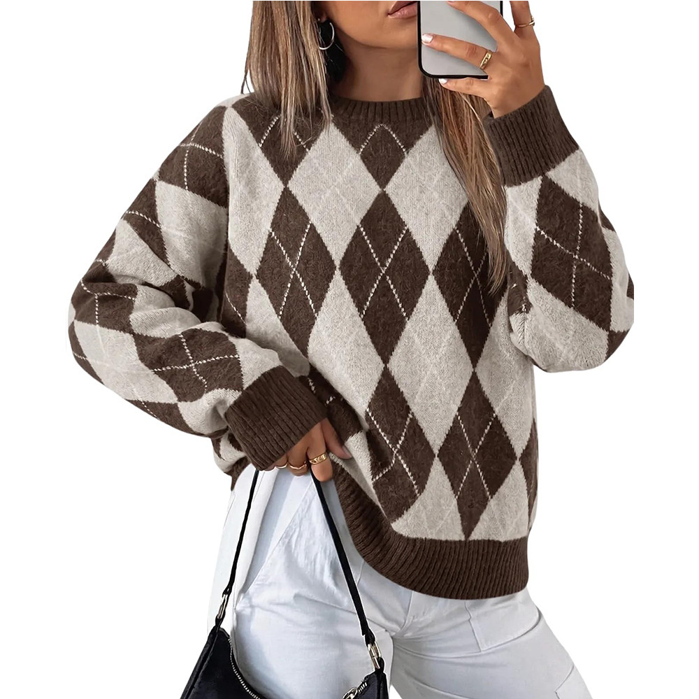 Women's Loose Color-Block Argyle Crewneck Sweater