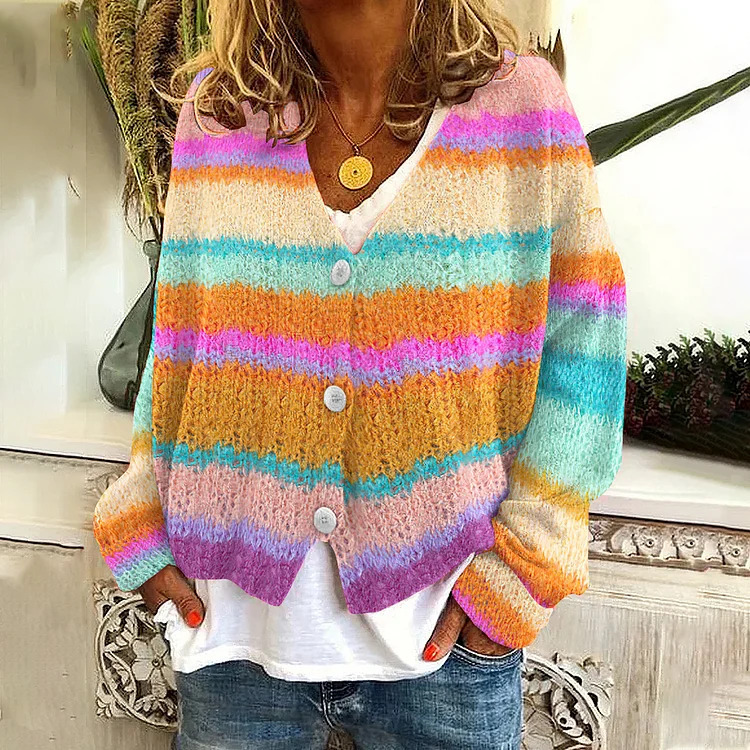 3D Print Rainbow Cardigan Soft Knit Casual Sweater