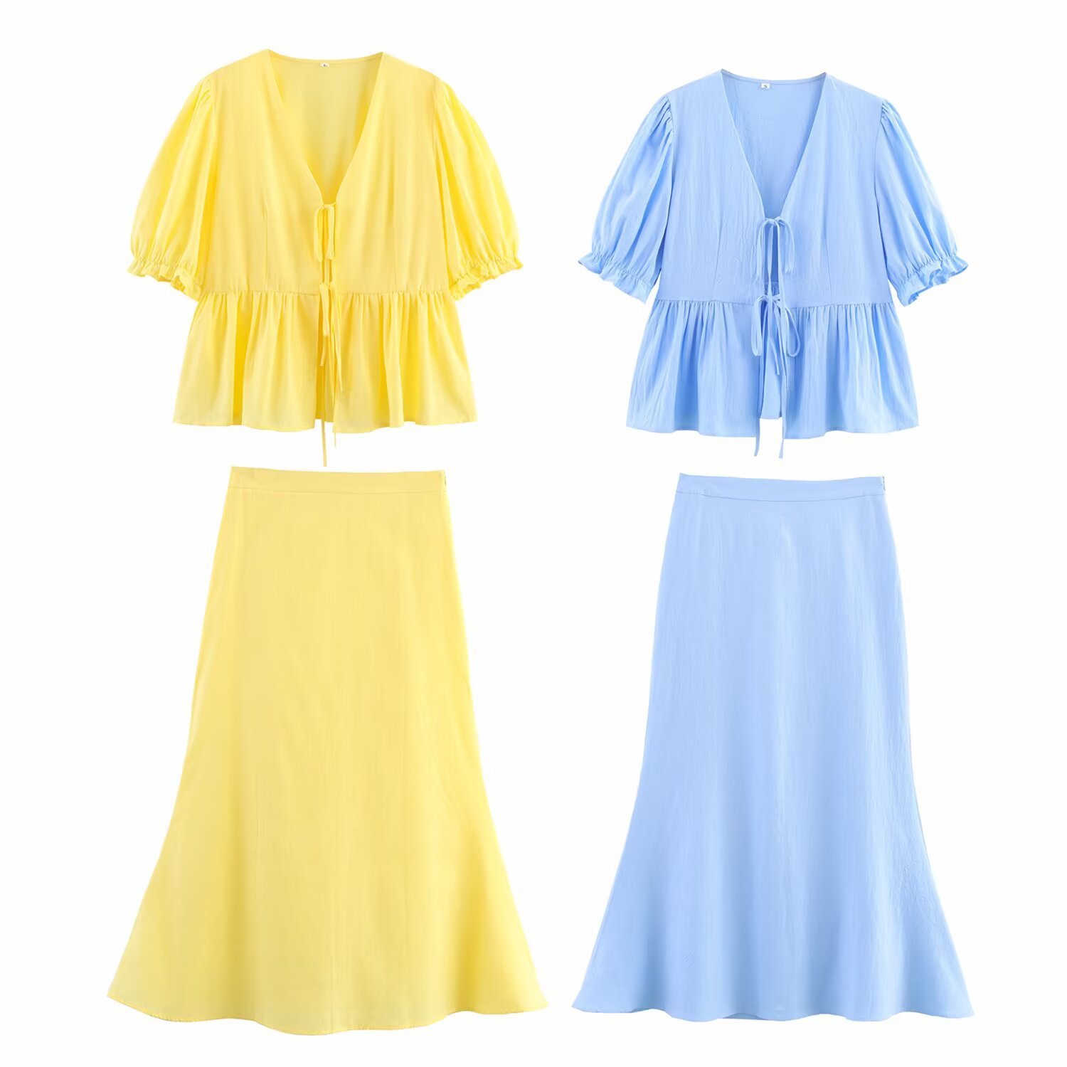 Puff Sleeve V-Neck Tie Top and Skirt Set