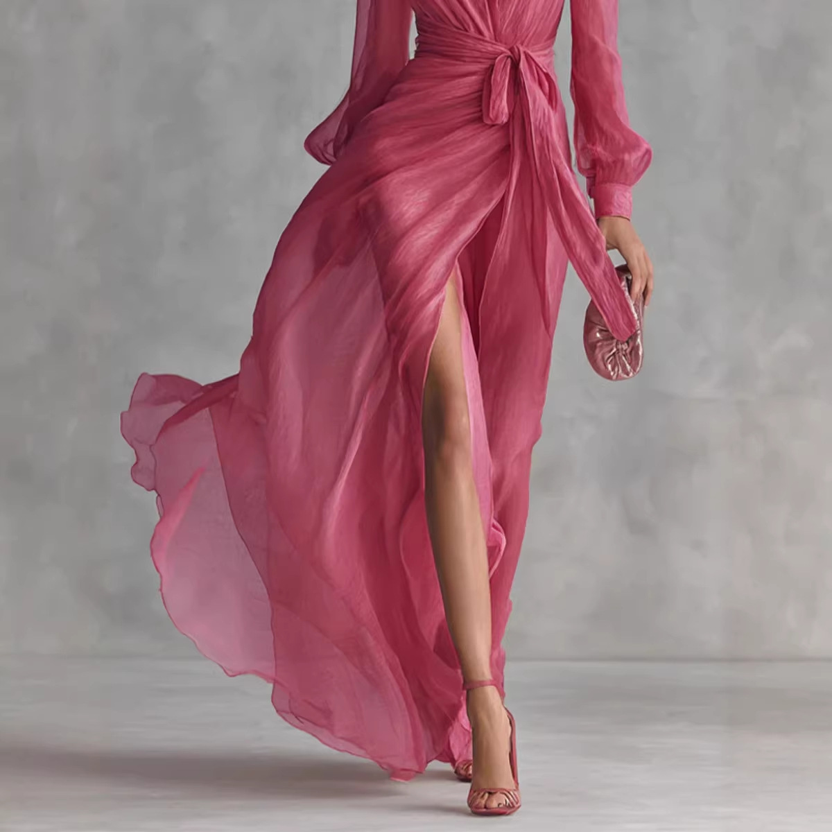 Vintage Court-Style V-Neck Tie-Waist Puff-Sleeve Long Dress
