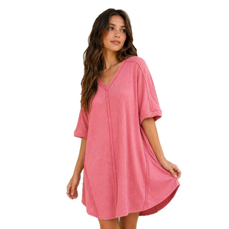 Ribbed V-Neck Loose Short Sleeve Casual Dress