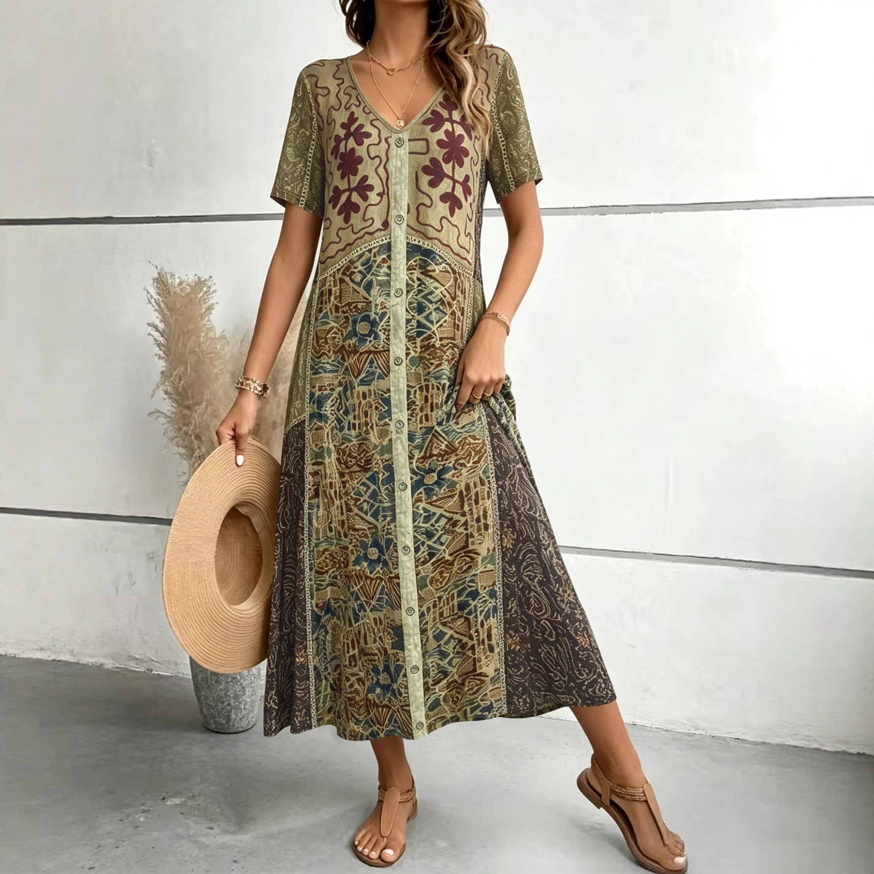 Bohemian Geometric Print V-Neck Button A-Line Midi Dress
