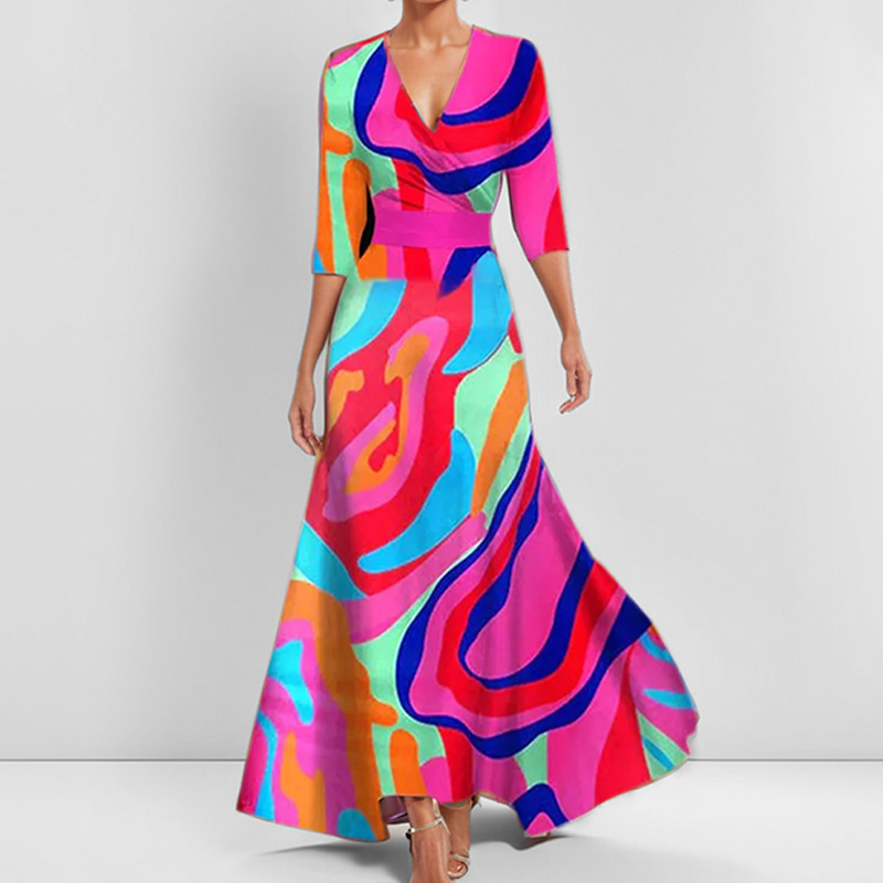 Elegant V-Neck Floral Print Slim-Fit Long Dress