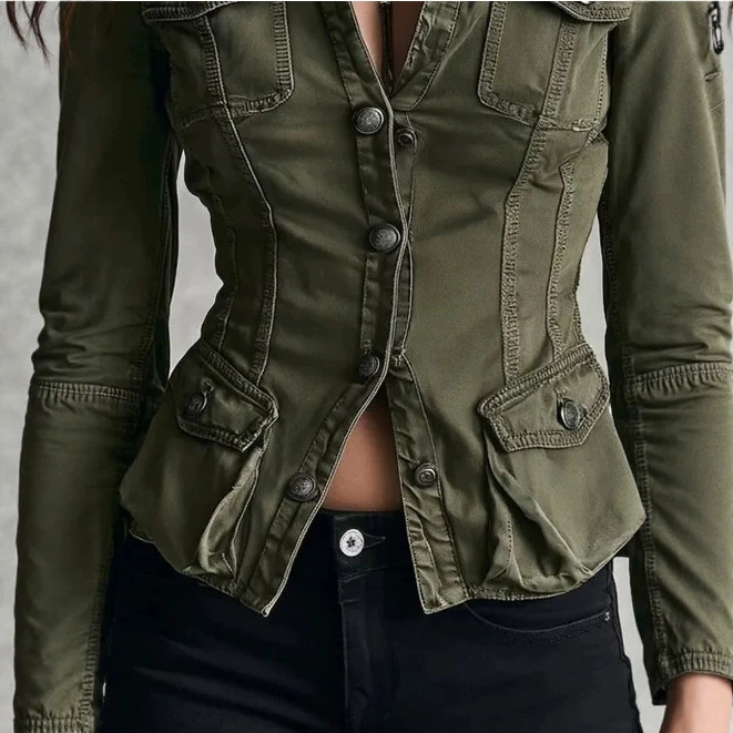 Vintage Washed Military Green Multi-Pocket Jacket