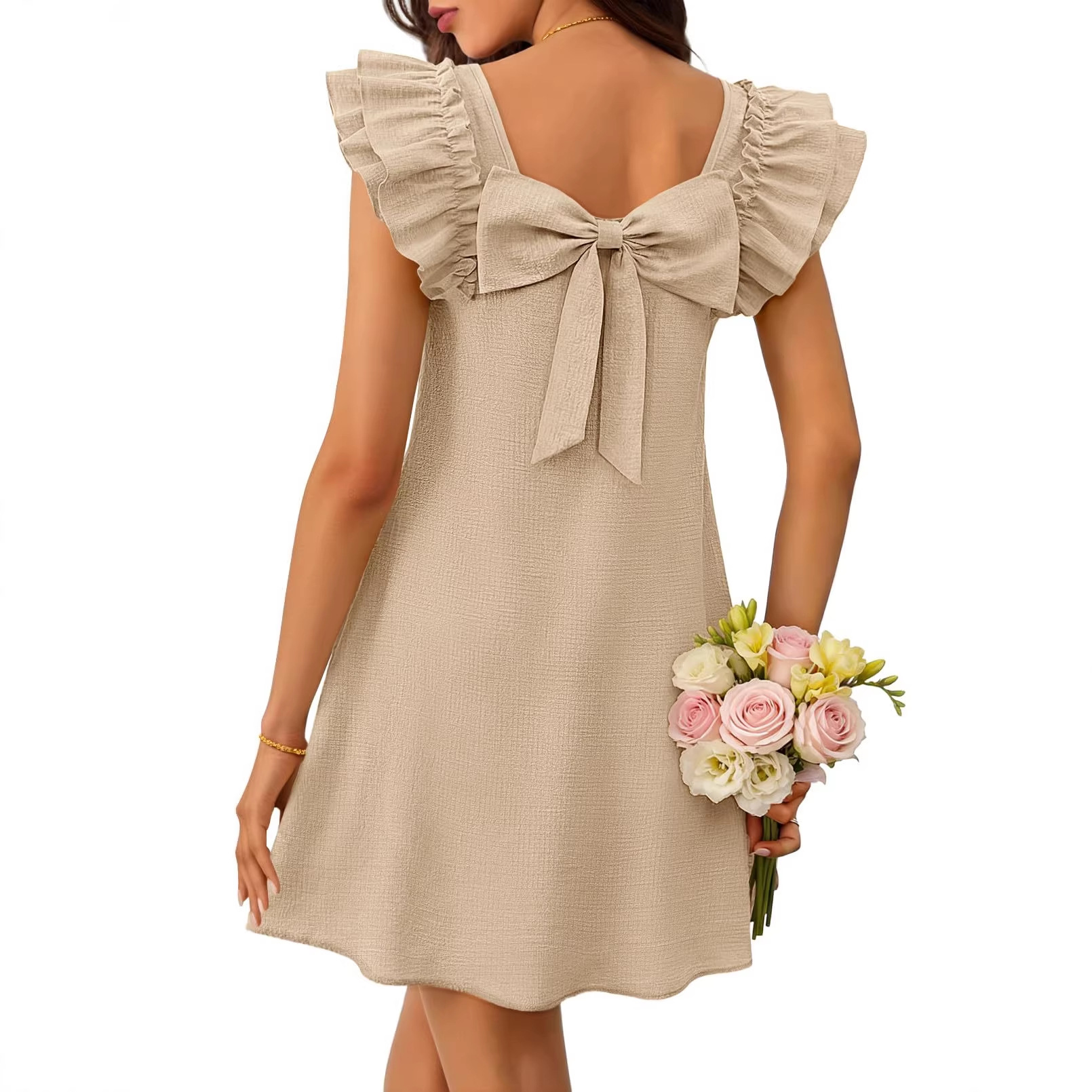 Women's Double Ruffle Sleeve Back Bow Dress