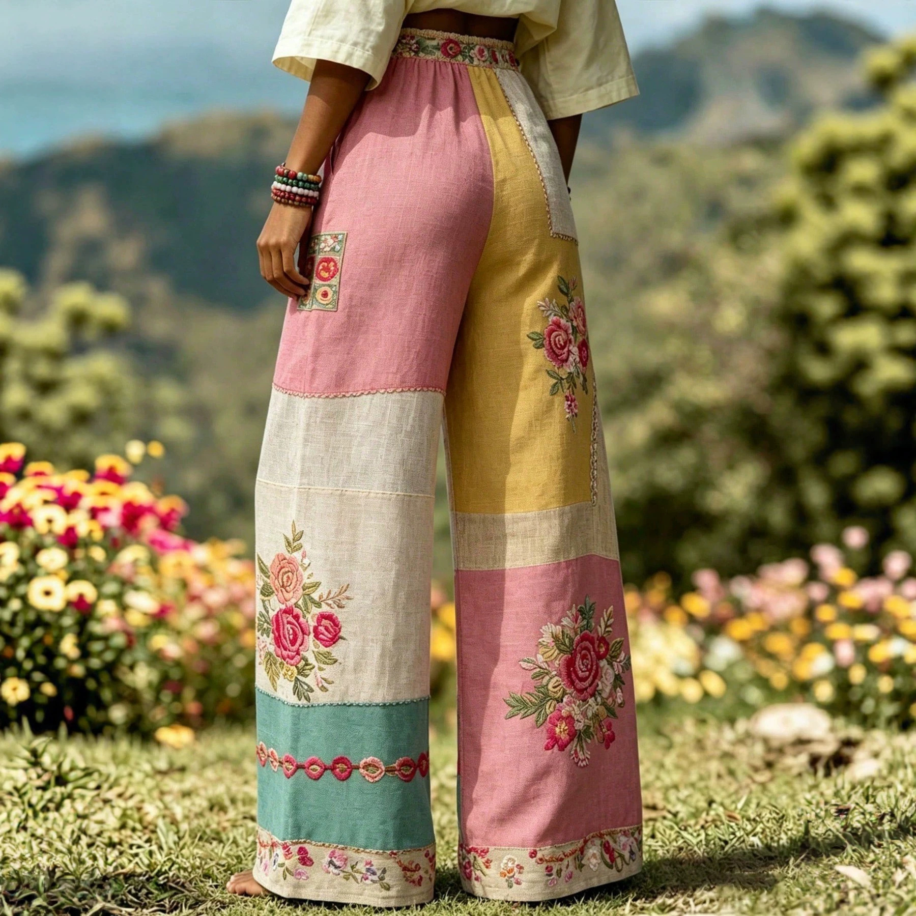 Bohemian Floral Print Wide-Leg Pants with Elastic Waist