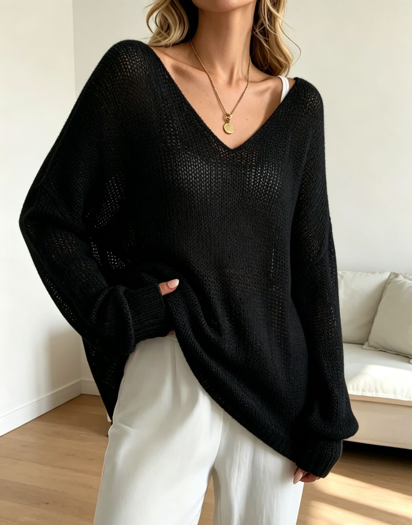 Women's Open Knit V-Neck Bell Sleeve Top