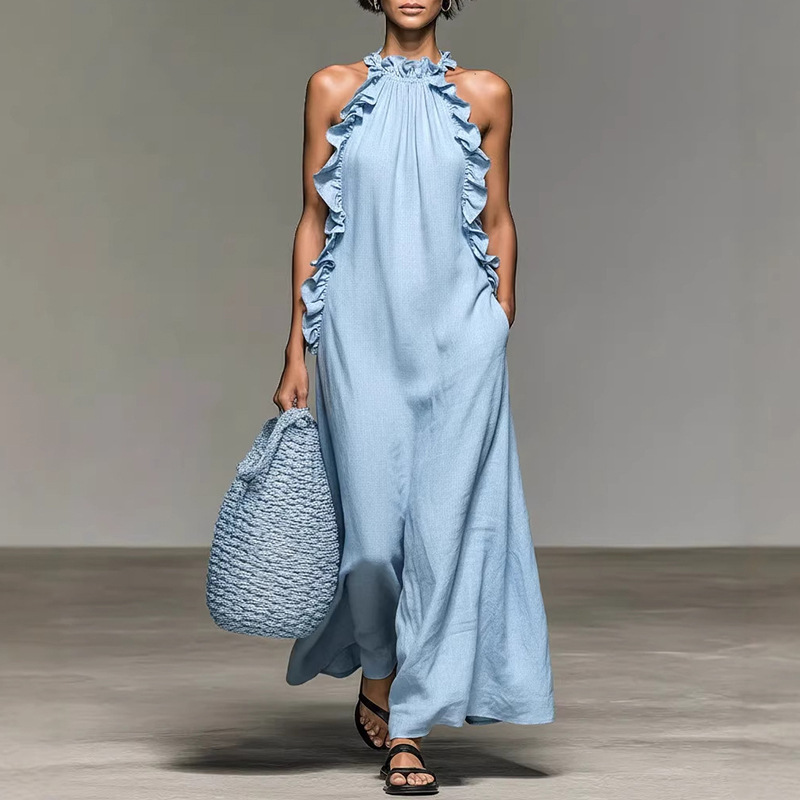 Women's Loose Fit Solid Color Halter Neck Dress with Pockets and Ruffle Hem