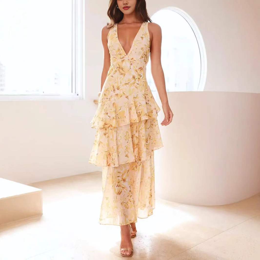 Women's Halter V-Neck Chiffon Dress Slim Fit Ruffle Asymmetrical Hem