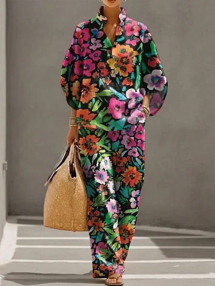 Women's Polka Dot Floral Print Long Sleeve Button-Up Top Set