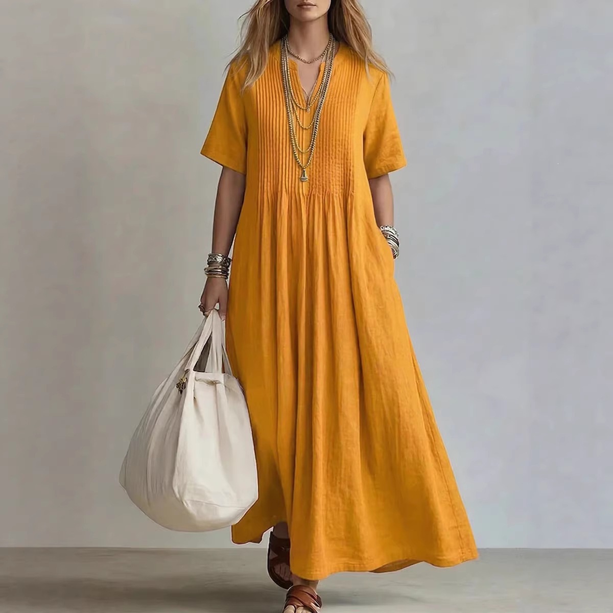 Women's Summer V-Neck Pleated Maxi Dress Casual Vacation Solid Color