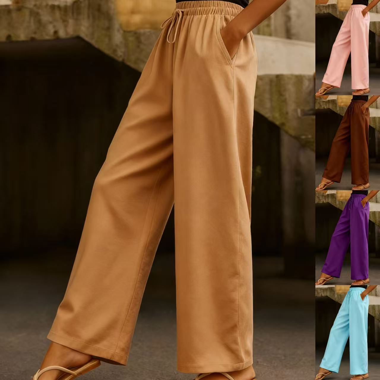 Women's Cotton-Linen Wide-Leg Pants with Drawstring Elastic Waist and Side Pockets