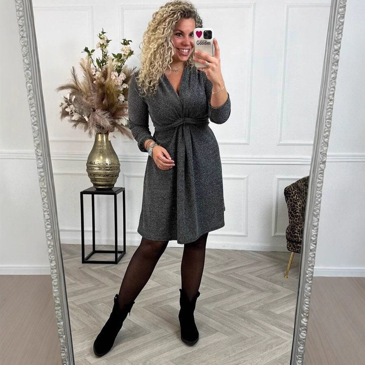 V-Neck Long Sleeve Tie-Waist Midi Dress