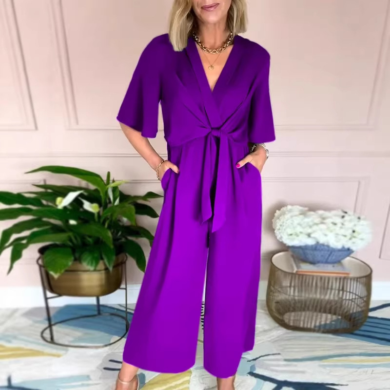 Women's Solid V-Neck Tie Short Sleeve Jumpsuit