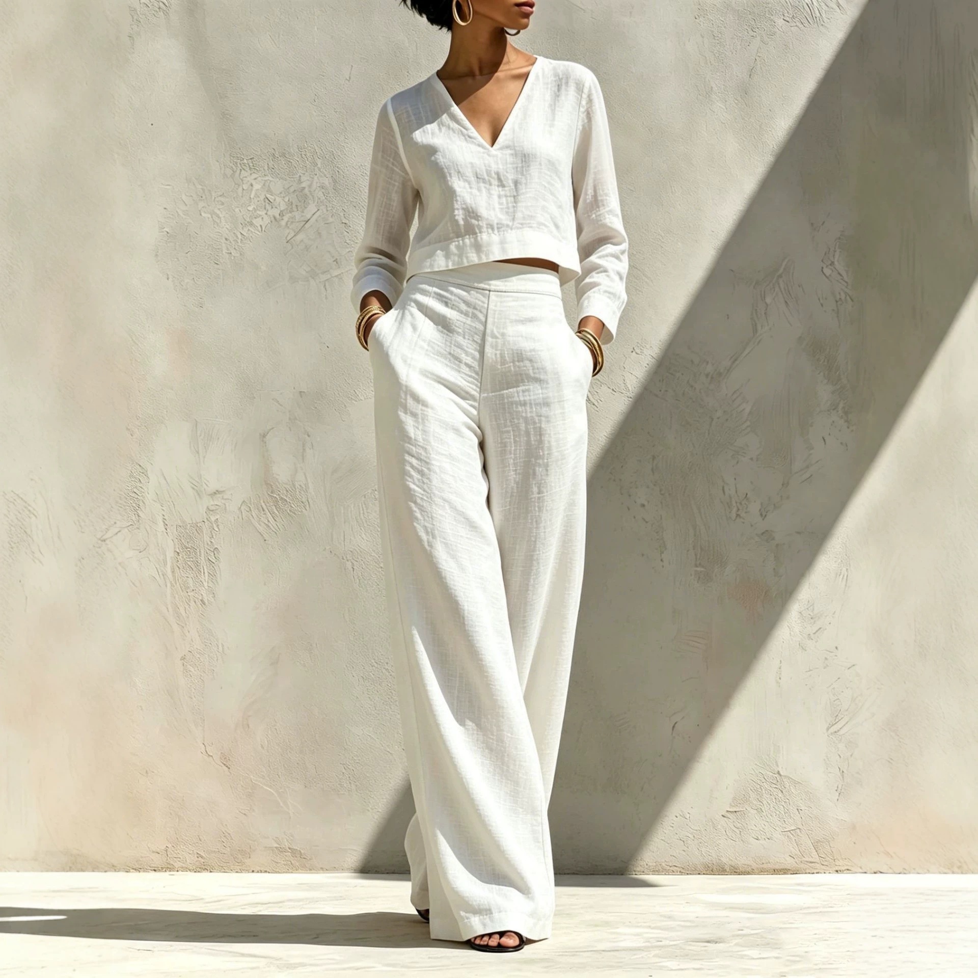 Women's Linen-Blend V-Neck Long-Sleeve Crop Top & High-Waist Wide-Leg Pants Set