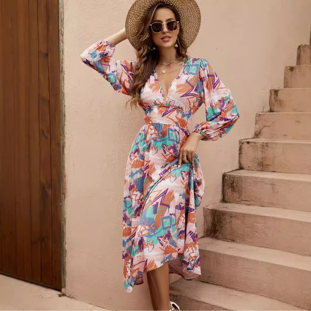 Irregular Print Deep V Waist Lantern Sleeve Maxi Dress