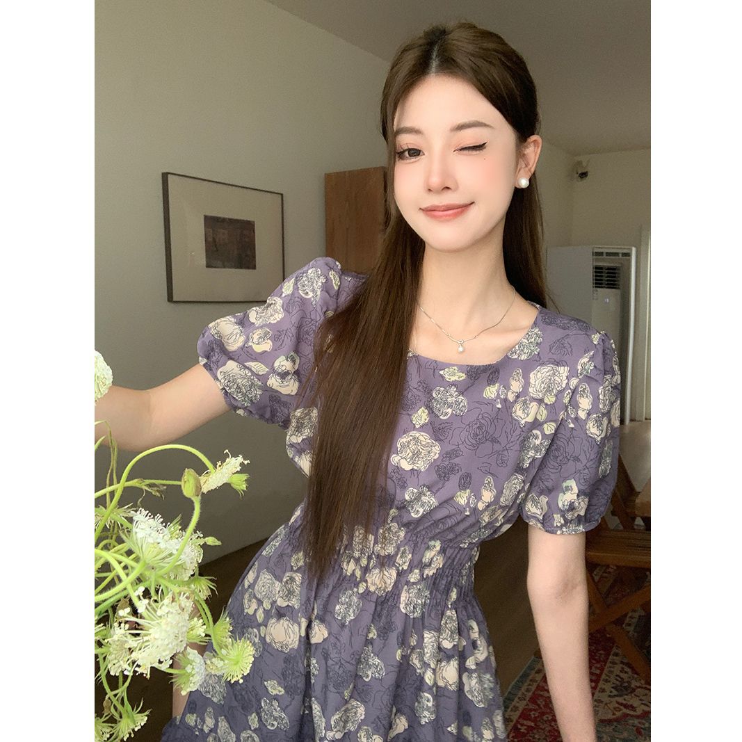Women's French Style Purple Floral Midi Dress with Cinched Waist