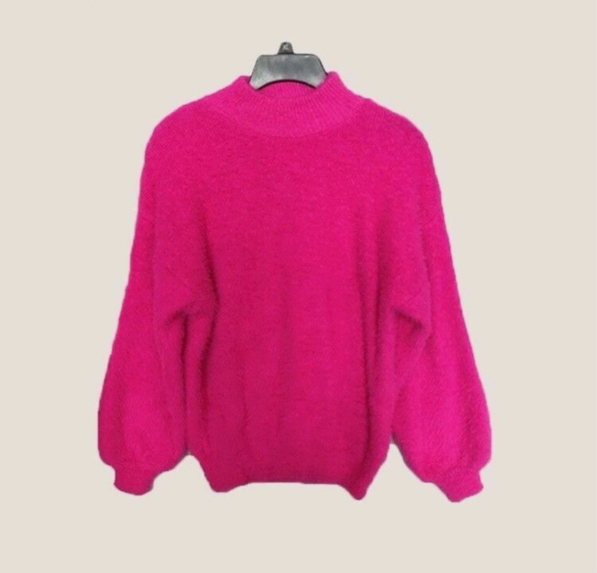 Faux Mink Half-Turtleneck Lantern-Sleeve Knit Sweater