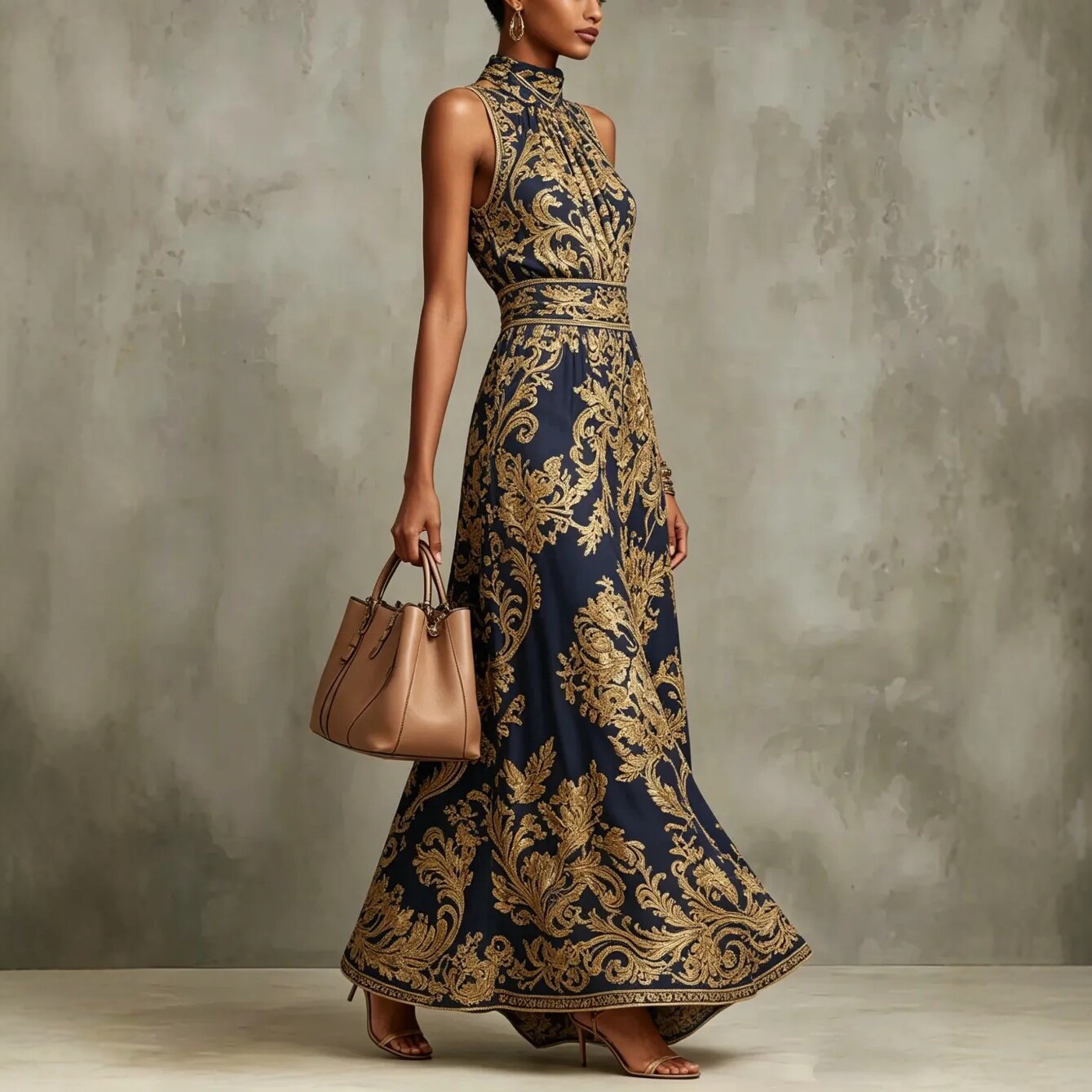 Vintage Gold Embroidered Long Slim Evening Dress