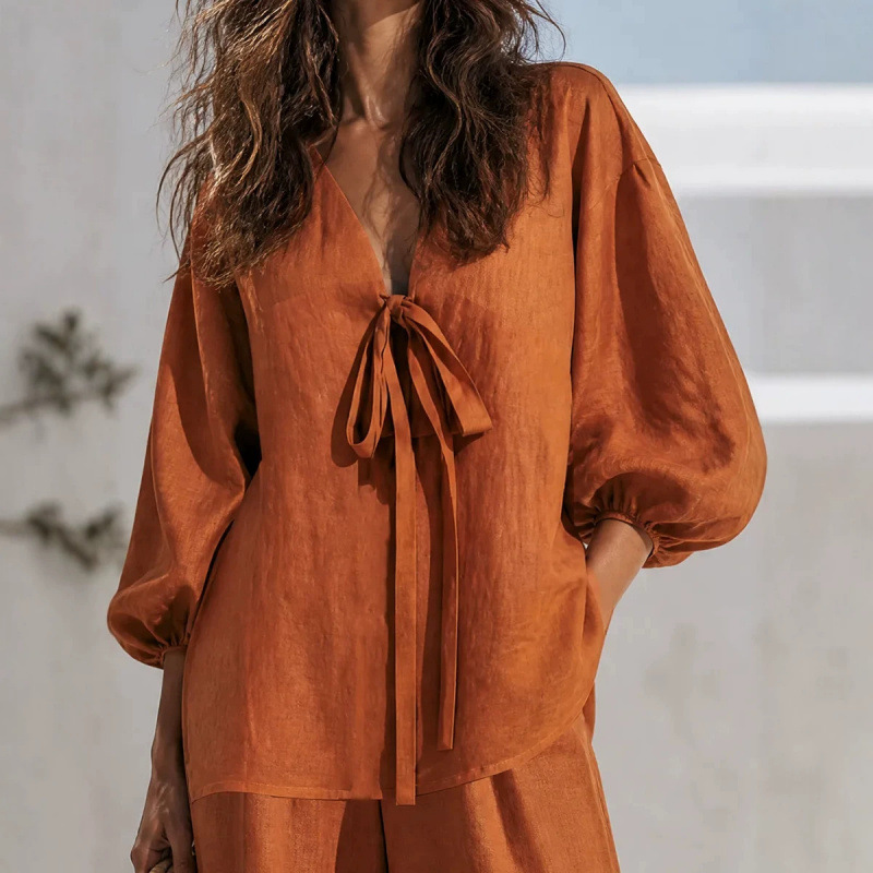 Minimalist Solid Color Tie-Front Top and Straight-Leg Pants Two-Piece Set