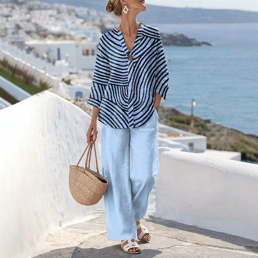 Women's Vacation Print V-Neck 3/4 Sleeve Straight-Leg Pant Set
