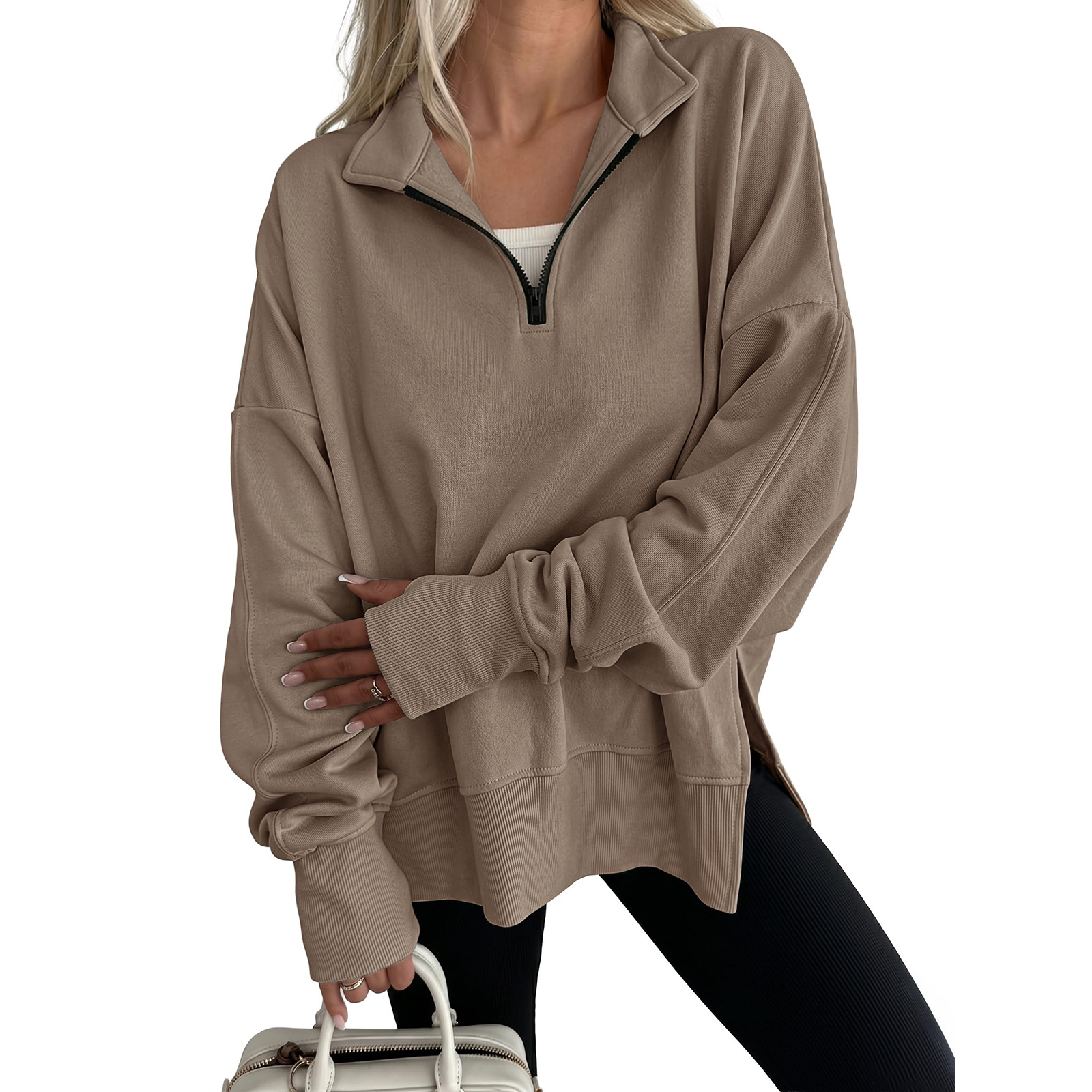 Side Slit Half-Zip Collared Solid Color Pullover Sweatshirt for Women