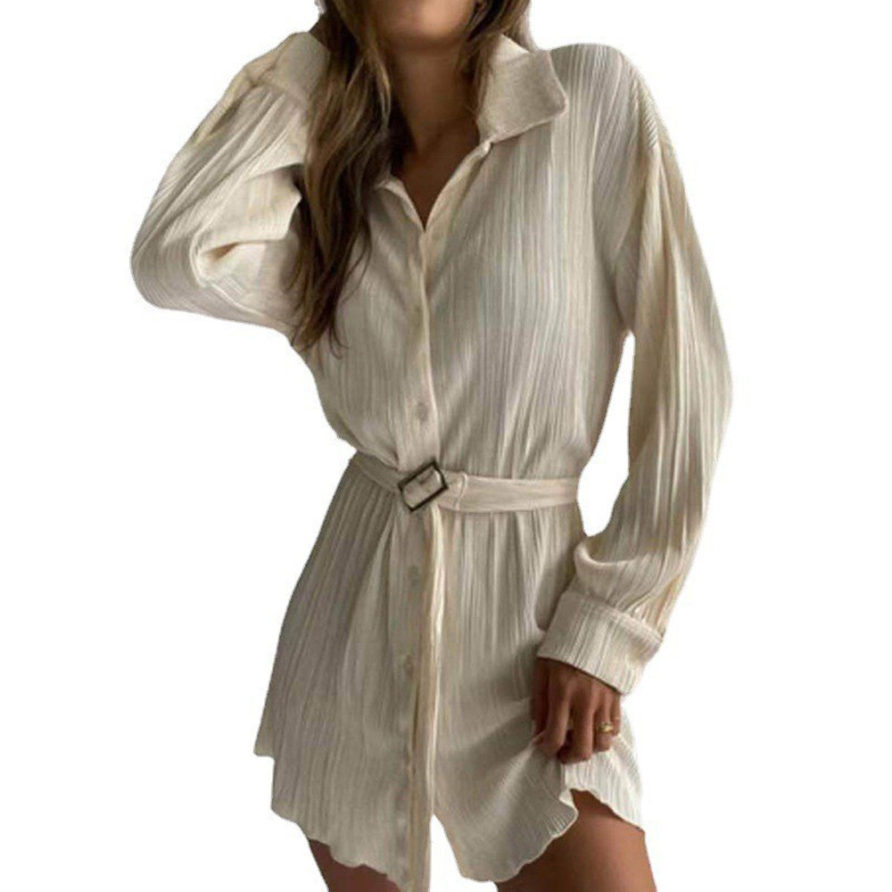 Women's Shirt Collar Tie-Waist Pleated Long Sleeve Dress