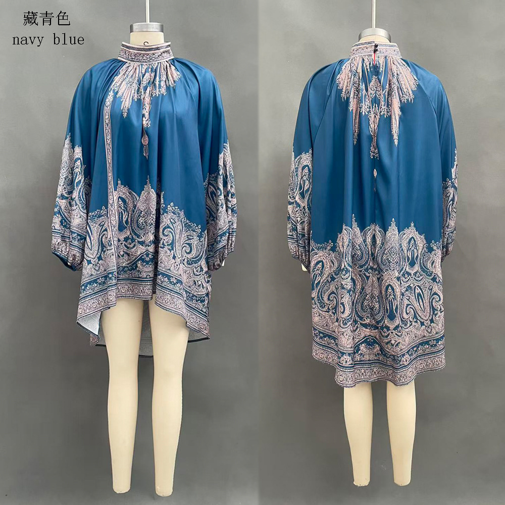 High Neck Printed Midi Dress with Long Sleeves and Shawl, Loose Boho Vacation Style