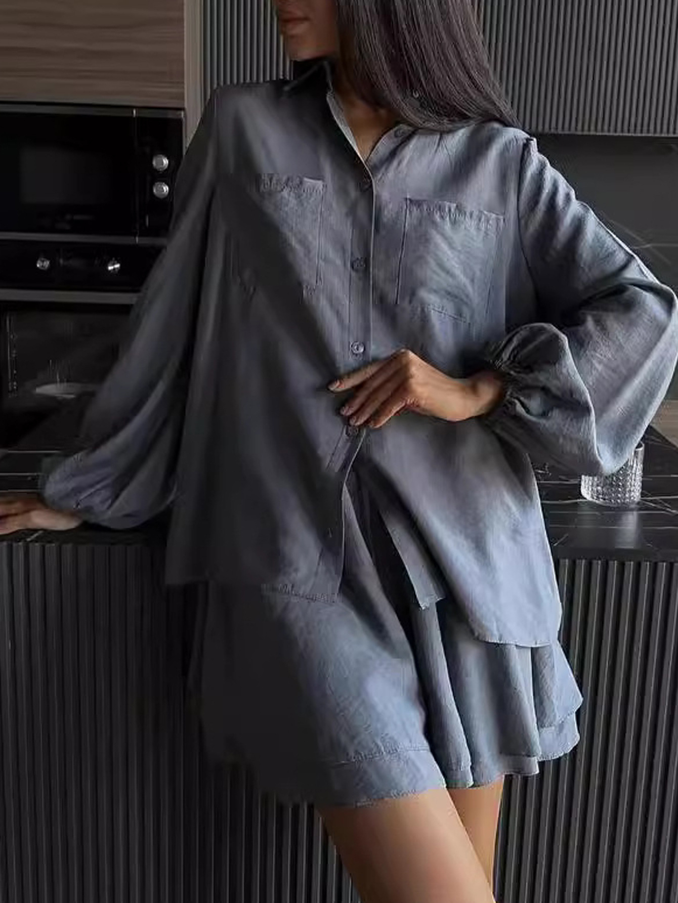 Women's Long Sleeve Ruffle Top and Shorts Casual Set