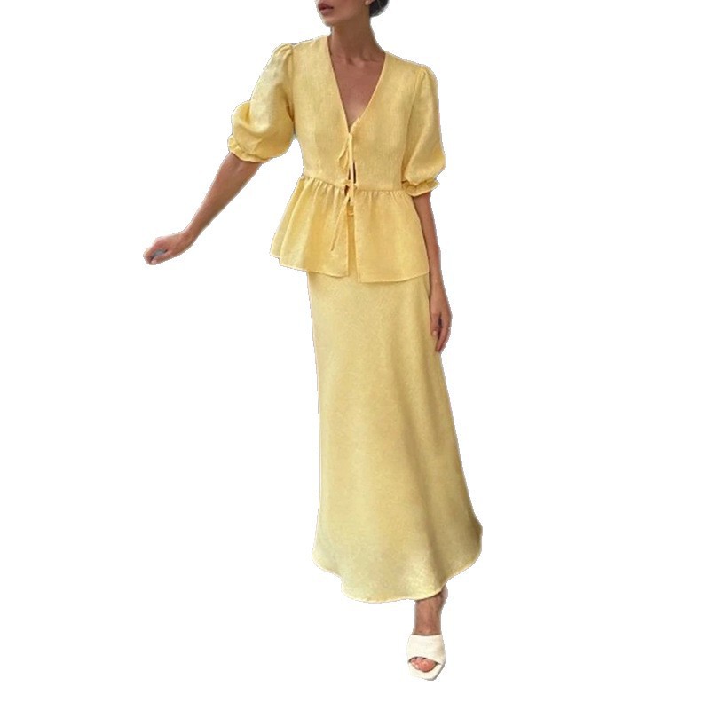 Elegant Solid V-Neck Tie Long Skirt Set