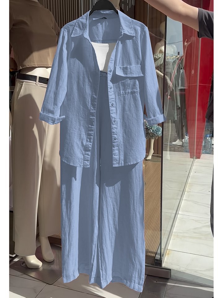 Women's 2-Piece Cotton-Linen Shirt and High-Waist Wide-Leg Pants Set