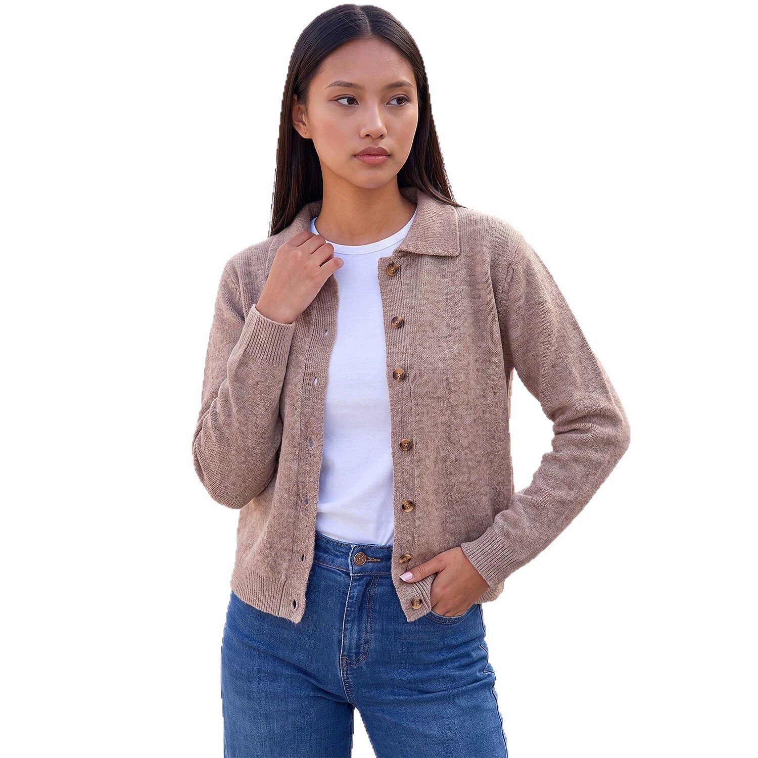 Women's Polo Collar Knit Cardigan Long Sleeve Short Coat