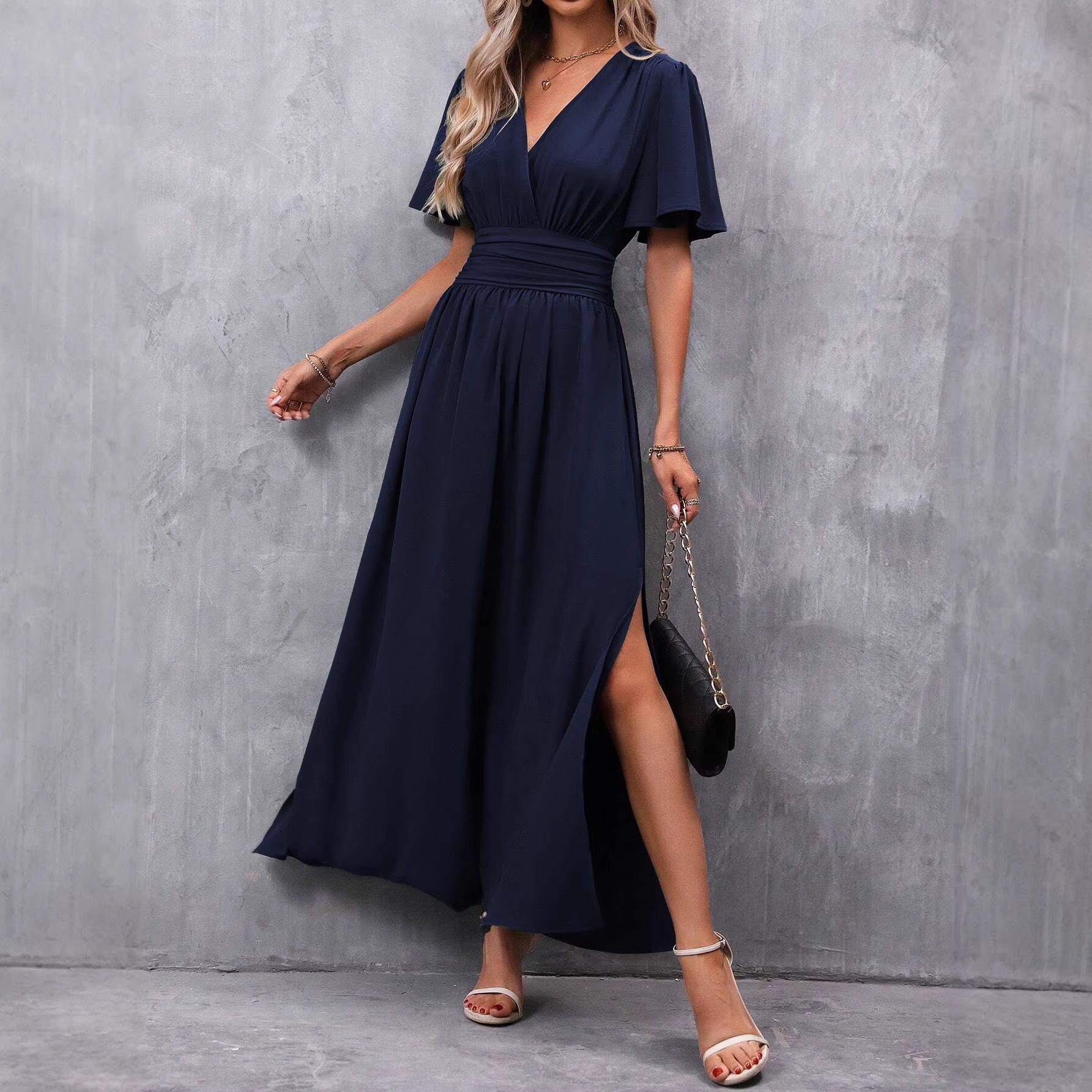 Elegant Flutter-Sleeve High-Slit A-Line Maxi Dress