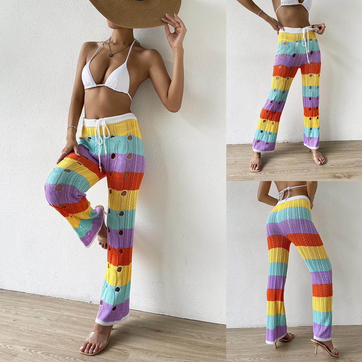 Women's Sheer Open-Knit Colorblock Wide-Leg Pants