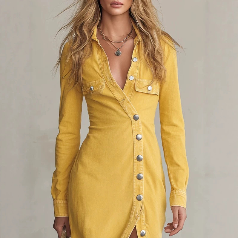 Retro Western Asymmetric Button Slit Denim Dress