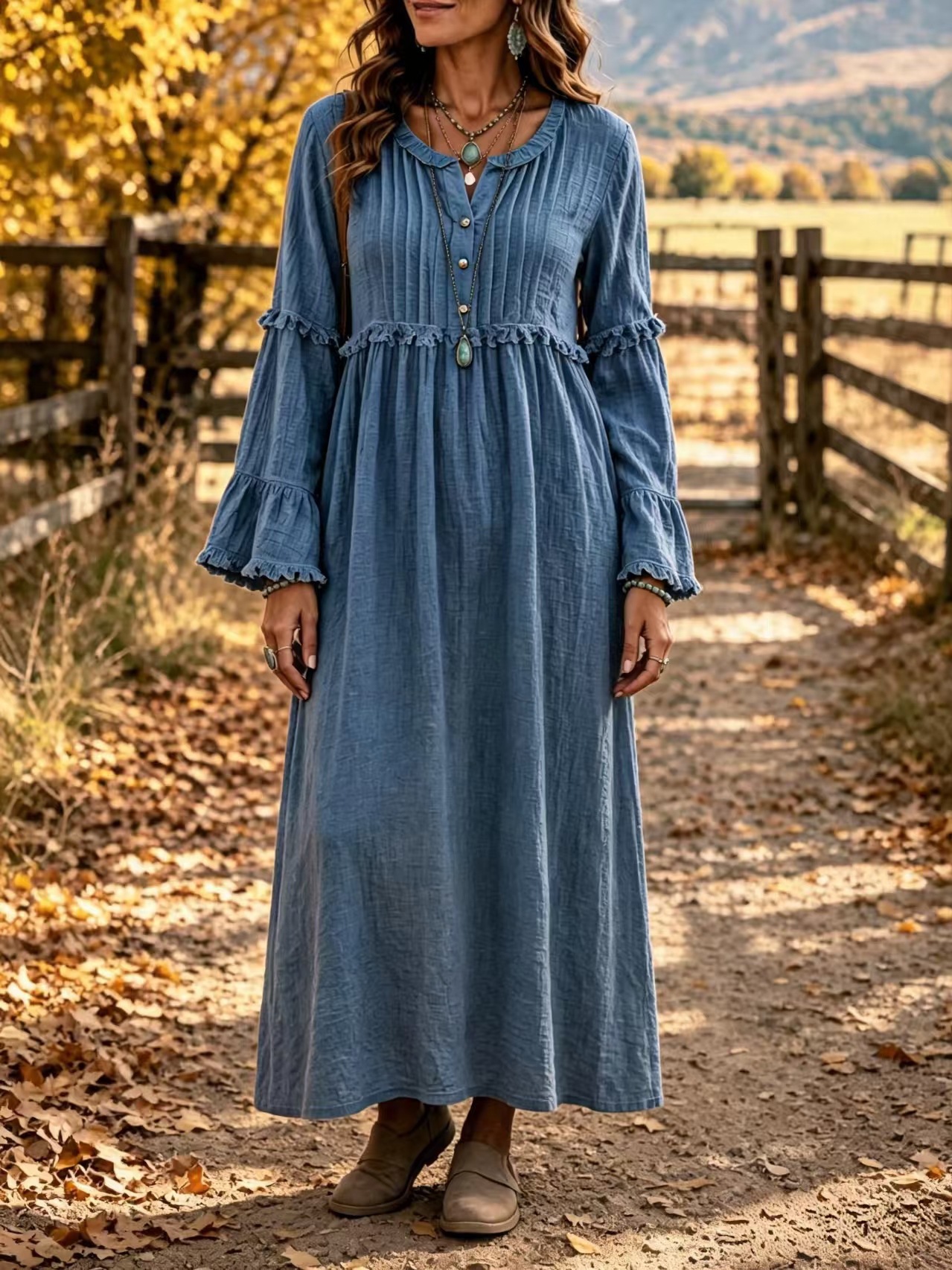 Lace Trim Fringe Button Loose Casual Dress