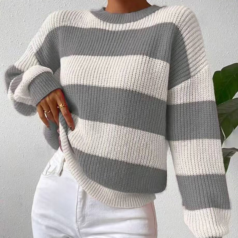 Striped Crewneck Pullover Sweater Loose Fit Long Sleeve Knit Top
